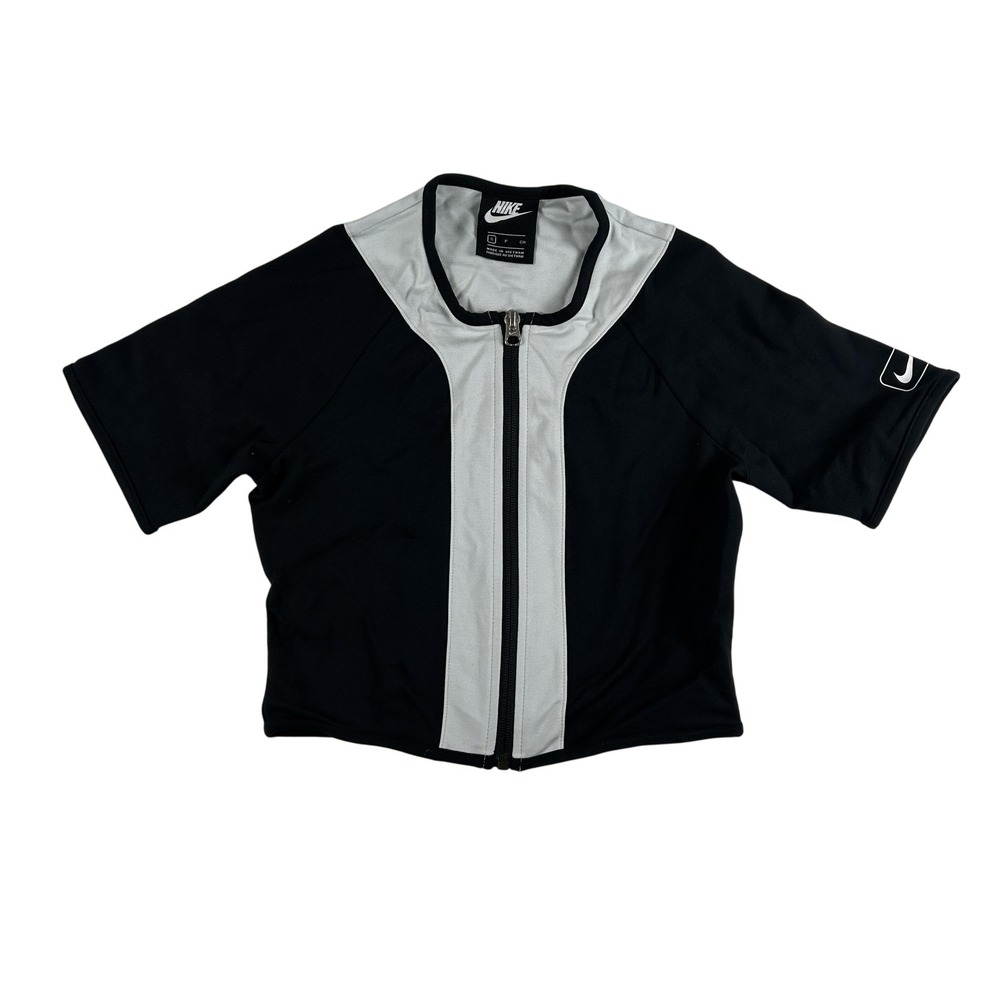 Nike Shirt Womens Small Black Gray Full Zip Short Sleeve Cropped Sportswear - Picture 1 of 11